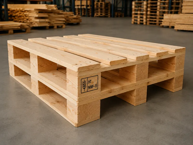 Tarima de madera para exportación con sello HT NIMF-15, en Puebla