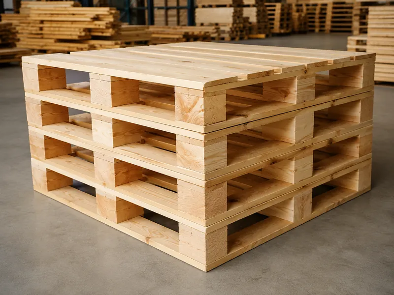 Tarimas de madera nuevas de pino apiladas, fabricadas en Puebla